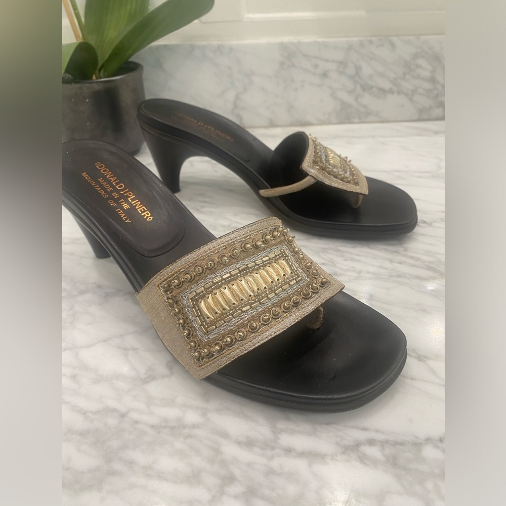Donald J. Pliner Black Heeled Slide Sandals with Gold Beaded Strap